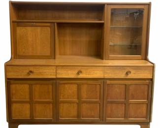 6238 - MCM Teak Vintage Backbar Cabinet by Nathan (Description): 54 x 60 x 18, Matches Lot# 6234 has key, drop down bar door, silverware liner  in drawer