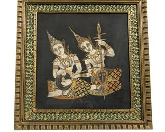 4296 - Framed Thai Silk Screen-Printed on Black Fabric (Description): 24 x 25 Under Glass.