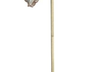 7700 - Vintage Adjustable Cream Floor Lamp 62" (Description): The lamp has a classic columnar design with a  decorative round base and an adjustable  swing arm mechanism. Topped with a  bell-shaped fabric shade adorned with beaded  fringe trim. The lamp measures 62 inches in height. Used as is electric/electronic/mechanical  item. No guarantee all components, untested.