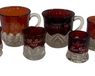 5929 - 6 Red/Clear Etched Glass Mugs