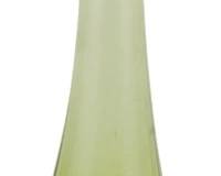 1093 - Fenton Olive Green Valencia 12" Swung Vase (Description): Vintage Fenton Valencia swung glass vase in  olive green. This elegant mid-century art  glass piece features a distinctive elongated  neck with a ruffled rim, created using the  swung glass technique. The base displays a sculpted pedestal design with decorative  ribbing. Measures 12 inches tall.