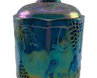 683 - Vtg Indiana Carnival Glass Jar "Harvest Grape" (Description): 7" tall - it features a brilliant iridescent  blue finish often referred to as "peacock" or  "ice blue"