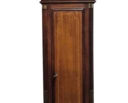 31 - Colonial Aaron Willard Henry Ford Tall Case Clock (Description): Henry Ford museum grandfather clock with name  of Aaron Willard on face.  Triple brass  finials adorned pierce carved crest,  removable bonnet top, line inlay in door,  moving moon dial face, brass triple weight movement.  Used as is  electric/electronic/mechanical item. No  guarantee all components, untested. 84 x 11 x 16