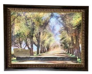 7726 - Framed Landscape Print with Scripture 29"x36" (Description): Framed landscape print featuring a scenic  pathway lined with large trees, likely  redwoods or sequoias, creating a natural  canopy. The print includes an inspirational  scripture verse along the bottom edge. Set in an ornate gilded frame with decorative  beaded detail and dark brown finish. Measures  29 inches by 36 inches.