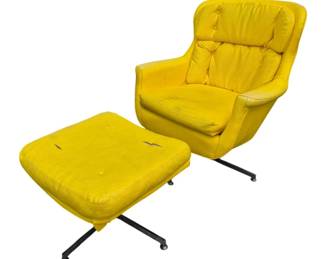 30 - Vintage Scandinavian Swivel Egg Lounge chair (Description): with matching swivel ottoman, upholstered in  a vibrant banana upholstery which shows some  wear and ottoman has tears on top. Chair - 33 x 33 x 39 Ottomon - 23 x 23 x 16