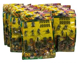 1611 - 7pc Lot Glory Warrior Army Play Sets (Description): Lot of seven Glory Warrior army play sets.  Each set is sealed in original packaging and  includes plastic army men figures, military  vehicles, boats, fencing, and various  battlefield accessories. Made in China.