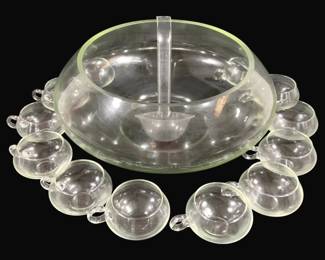 6200 - Mid-Century Riekes Crisa Moderna Punch Bowl Set (Description): with original box, 11" ladle, bowl 7.5 x 15,  12 cups