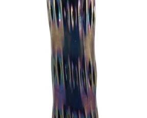 659 - Cobalt Blue Carnival Glass Vase Rustic 16in (Description): Cobalt blue carnival glass vase in the Rustic  pattern. Features iridescent finish  characteristic of carnival glass with  distinctive elongated teardrop design.  Measures 16 inches tall, base is 4" and top is 5.5"
