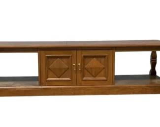 19 - Mid-Century 3 Pc Coffee & 2 End Tables Set (Description): with raised diamond motife and includes  coffee table with 2 doors 18 x 65 x 21 hexagonal drum table 18 x 24 x 24, 2 door  stand 18 x 28 x 28