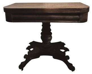 4760 - 19th Century Mahogany Paw Foot Card Table (Description): with flip & rotating top, pedestal base on 4  paw feet, 30 x 36 x 36 open Stain has lots of wear needs refinishing.