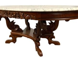 7513 - Vintage Oval Marble Top Coffee Table (Description): 19 x 46 x 28 rose carved