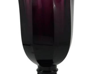 858 - Fenton Aubergine Purple Swung Vase 11" (Description): Mid Century Fenton aubergine purple swung  glass vase featuring a dramatic ruffled rim  with elongated petal-like folds. The deep  purple glass graduates from a rich aubergine  at the base to a lighter purple at the top. The vase sits on a hexagonal pedestal foot  with a turned stem. Measures 11 inches tall.