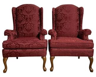 7531 - Pair Clayton Marcus Wingback Armchairs (Description): Featuring a Red Damask Pattern and Elegant  Queen Anne Cabriole Legs. 46 x 30 x 29