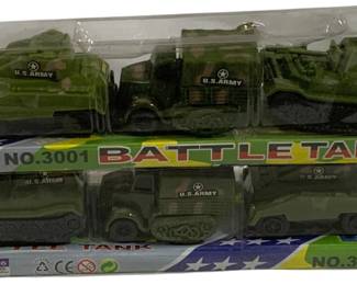 1640 - Lot Assorted Military Vehicles & Figures (Description): A large assortment of military vehicles and  figures. The collection includes plastic army  men in both tan/desert and green colors,  various miniature tanks, military trucks, a  Quonset hut shelter, a fighter jet, and additional military equipment and  accessories. Ideal for diorama building or  play.1639 - 2pc Lot Battle Tank Military Vehicle Sets (Description): Two Battle Tank toy sets, each featuring a  collection of U.S. Army military vehicles in  olive green camouflage. The sets include  tanks, trucks, and armored vehicles marked  with "U.S. ARMY" insignia. Both sets are in original retail packaging label "NO.3001  Battle Tank" with colorful graphics featuring  stars and stripes motifs.