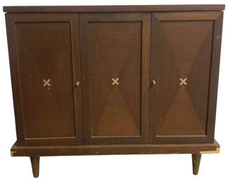 6230 - American of Martinsville Walnut Accord Cabinet (Description): by Milton Gershun, 26 x 30 x 15, Chipped Wood  on Bottom Corners