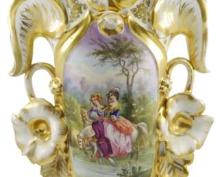 608 - Mid 19th C. Rococo Revival Mantle Vase (Description): Mid 19th century Rococo Revival mantle vase  featuring elaborate gilt decoration and a  painted scenic cartouche. The Cross of  Lorraine mark suggests Niderviller  manufacture. Measures 13 inches in height.