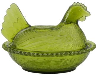1011 - Vintage Indiana Olive Green Glass Hen on Nest (Description): Vintage Indiana Glass hen on nest covered  dish in olive green. This charming pressed  glass piece features detailed feather  texturing on the hen-shaped lid and a beaded  rim basket base. Measures 5 1/2" x 7" x 5".