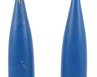 971 - Pr Mid Century PM Denmark Candleholders 11.5" (Description): Pair of Mid Century PM Denmark candleholders  in a distinctive blue painted finish with  natural wood showing through at areas of  intentional distressing. These Danish modern  candleholders feature an elegant hourglass-shaped profile with tapered bodies  and cup-shaped tops for taper candles. Each  measures 11.5 inches tall.