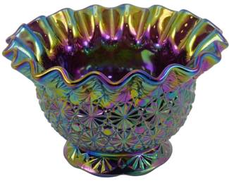 694 - Vtg L.E. Smith Amethyst Carnival Glass Bowl (Description): Vintage L.E. Smith iridescent amethyst Daisy  & Button carnival glass bowl featuring a  ruffled rim and footed base. The pressed  glass displays the classic Daisy & Button  pattern with a stunning iridescent finish that shimmers with hues of purple, gold,  green, and pink. Measures 4 inches tall by 6  inches in diameter.