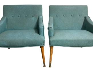 6250 - Pair Mid Century Button Back Arm Chairs (Description): 30 x 26 x 28 Texture Vynil w/ Nail Head Trim on Sides
