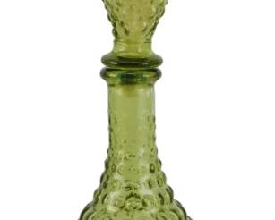 867 - Vintage Empoli Green Genie Bottle 16" (Description): Vintage Empoli green glass genie bottle  featuring a hobnail and bubble pattern  throughout the spherical body and elongated  decorative stopper. The olive green blown  glass showcases the characteristic Italian mid-century design with textured surface  detail. Measures 16 inches tall.
