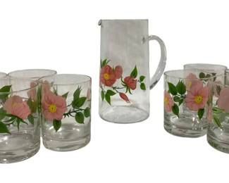 6923 - 9pc Franciscan Desert Rose Pitcher & Cup Set (Description): Pitcher - 8" Tall Cups - 4.25" Tall