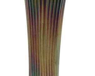 664 - Fenton Cobalt Blue Fine Rib Carnival Vase (Description): Vintage Fenton cobalt blue Fine Rib carnival  glass vase featuring iridescent finish and  elegant ribbed design with a ruffled rim.  Measures 11.5 inches tall.