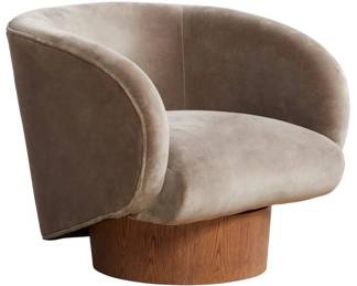 1414 - Union Home Rotunda Swivel Chair (Description): Retails $1076, Union Home swivel chair  featuring a curved barrel back design with  plush upholstery and a wooden drum base.  Measures 30 inches by 36 inches by 32 inches.   Hole on side as noted in picture.
