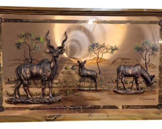 879 - Mid-Century 3D Copper Relief Art Piece (Description): African Wildlife Theme - missing some  applique 29 x 49