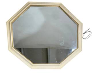 7636 - Octagonal Wall Mirror w/ Cream & Gold Frame (Description): Octagonal wall mirror featuring a  cream-colored frame with gold accent banding.  The frame displays a stepped profile with  decorative beaded detailing along the outer  edge. Measures 34 inches by 38 inches.