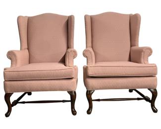 7530 - Pair Clayton Marcus Wingback Armchairs (Description): Hand Crafted, Upholstered, Queen Anne Style,  43 x 32 x 28