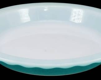 1156 - Pyrex Blue Ruffled Pie Plate 2"x11" (Description): Pyrex blue ruffled pie plate featuring a  distinctive scalloped edge design. The dish  showcases a gradient turquoise blue coloring  on the exterior with a white milk glass  interior, characteristic of vintage Pyrex opal ware. Measures 2 inches tall by11 inches  in diameter.