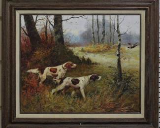 9141 - Two Pointing Dogs on Canvas by Martinez (Description): 31.5 X 27.5