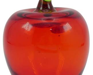 861 - Vintage Rainbow Glass Art Deco Apple 4.5" (Description): Vintage Rainbow Glass Art Deco apple in  vibrant translucent red with a green stem.  This decorative glass fruit piece showcases  the characteristic Art Deco style with its  smooth, stylized form and bold coloring. Measures 4.5 inches.
