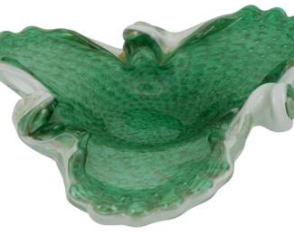 875 - Mid Century Italian Murano Art Glass Bowl (Description): Featuring a vibrant green coloring with  controlled bubble (bullicante) technique  throughout. The piece has an organic,  freeform shape with clear glass casing along  the edges, characteristic of Murano artisan glasswork. Measures 2 1/2 inches by 11  inches.