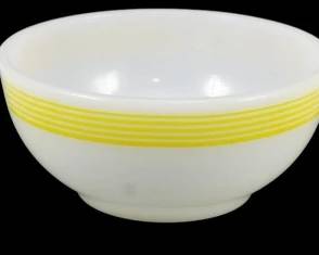 1148 - Set of 3 Termocrisa Yellow Stripe Bowls 2"x5" (Description): Set of three Termocrisa milk glass bowls  featuring bright yellow horizontal stripe  bands around the exterior. These vintage  Mexican-made bowls have a classic mid-century  modern aesthetic with their clean white glass and cheerful yellow accents. Eachbowl  measures 2 inches tall by 5 inches in  diameter.