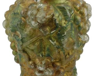 616 - Vintage Goofus Glass Vase - 7" (Description): Vintage Goofus glass vase with paint wear.  The vase features a molded grape and leaf  design typical of Goofus glass. Measures 7  inches in height.