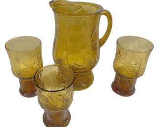 340 - Vintage Libbey Daisy Pattern Pitcher & Glasses (Description): Amber Gold Color Pitcher w/ 3 Glasses. Pitcher - 10" Tall Cup - 6" Tall