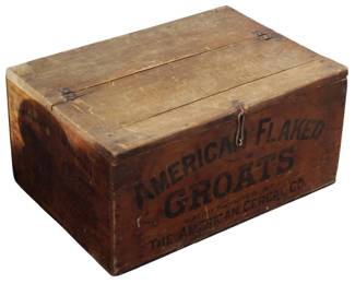 578 - American Flaked Groats Advertising Box (Description): Antique wooden advertising box for American  Flaked Groats, manufactured by The American  Cereal Co. This rustic crate features  original stenciled lettering and period  hardware including metal hinges and a wire latch closure. Measures 13 inches high by 26  inches wide by 13 inches deep.