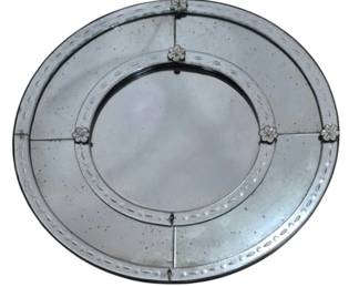 1412 - Venetian Round Mirror 36" (Description): Venetian round mirror measuring 36 inches in  diameter. The mirror shows some losses  consistent with age and use.