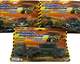 1631 - 3pc Lot Heavy Hauler Military Force Playsets (Description): Lot of three Heavy Hauler Military Force  playsets, each featuring freewheel running  vehicles. The sealed playsets include  military trucks with trailers hauling various  army vehicles including a helicopter, tank, and armored transport. All pieces are  finished in traditional army green camouflage  colors.