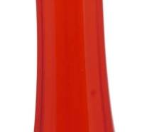 864 - MCM L.E. Smith Amberina 12.5" Swung Vase (Description): Mid Century L.E. Smith amberina swung glass  vase featuring a distinctive elongated form  with a flared, petal-like rim. The glass  transitions from a rich amber-yellow at the  base through vibrant orange-red tones, showcasing the classic amberina color  gradient. The vase has an elegant tapered  silhouette with vertical ribbing along the  body. Measures 12.5" tall.