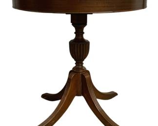 7535 - Duncan Phyfe Mahogany Drum Table (Description): 28 x 28 with 2 drawers, lion head pulls.
