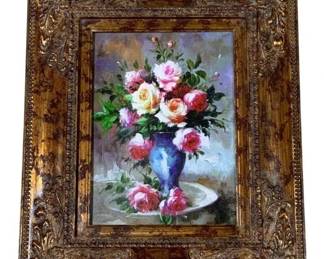 7724 - Framed Floral Still Life Oil Painting 26"x22" (Description): Framed canvas artwork featuring a floral  still life composition depicting roses in  shades of pink, red, white, and cream  arranged around a blue vase. The painting is  presented in an ornate gilt frame with decorative corner acanthus leaf motifs and  beaded inner border details. Measures 26  inches by 22 inches.