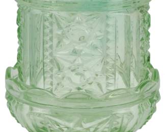 868 - Vtg Indiana Glass Stars and Bars Fairy Lamp (Description): Vintage Indiana Glass Stars and Bars fairy  lamp in a pale green pressed glass. This  two-piece lamp features the classic Stars and  Bars pattern with geometric pressed designs  throughout the domed shade and footed base. Measures 6.5 inches tall.