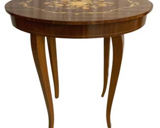 7527 - Vintage Italian Inlaid Musical Side Table (Description): Features a Floral Design on its Oval Top and  Cabriole Legs. Used as is  electric/electronic/mechanical item. No  guarantee all components present, untested.   20 x 19 x 13