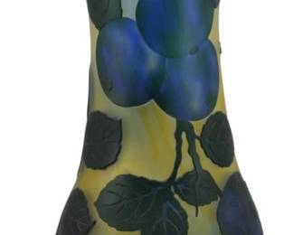 1059 - Emile Galle Style Cameo Glass Plum Vase (Description): Emile Galle style cameo glass vase featuring  a plum motif with leaves and fruit against a  graduated background. The vase has a flared  rim and footed base. Mark at bottom, though  authenticity is uncertain. Measures 15 inches tall.