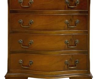7785 - English Yew Wood 2 Over 3 Drawer Chest (Description): A handsome 2 over 3 drawer chest crafted in  yew wood with crossbanded drawer fronts. The  piece features Georgian-style bracket feet  and brass bail pull hardware throughout. The  warm honey-toned wood displays attractive figuring on the drawer faces.Measures 28  inches high by 24 inches wide by 16 inches  deep.7784 - English 4 Drawer Bow Front Chest (Description): A handsome four-drawer chest featuring a  serpentine front with elegantly curved drawer  faces. The piece is crafted in a warm  mahogany finish and sits on bracket feet with  a shaped apron. Each drawer is fitted with traditional brass bail pulls and decorative  rosette backplates. The chest measures 29  inches high by 24 inches wide by 15 inches  deep.