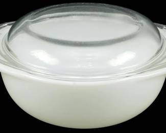 1203 - Vtg Pyrex White Bowl w/ Lid 3.5"x8"x6" (Description): Vintage Pyrex white opal milk glass bowl with  clear glass lid. The round bowl features a  smooth white exterior with tab handles on  either side. Accompanied by its original  domed clear glass lid. Measures 3 1/2 inches high by 8 inches wide by 6 inches deep.