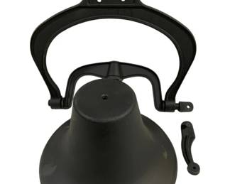 1531 - Cast Iron Bell w/ Wall Mount Bracket (Description): Cast iron bell with wall mount bracket and  pull handle. The bell features a traditional  design with a curved yoke frame and mounting  plate with pre-drilled holes for  installation. Finished in a matte black coating. Measures 18" x 17" x 14".